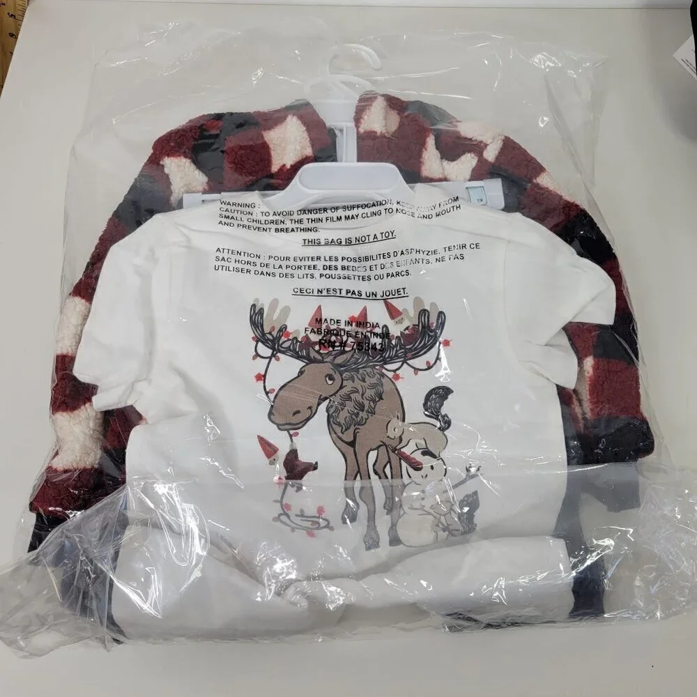 Infant Boys 3pc Reindeer Plaid Sherpa hoodie Jacket & Joggers Set Red/Black 12M